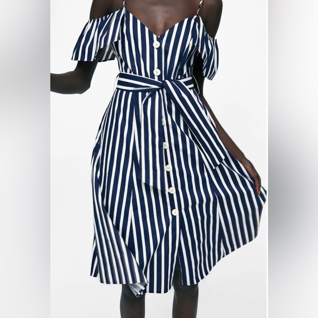 New Zara Sundress Cotton Striped Navy Blue White Romper Dress Xs Nwt!